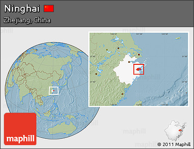 Savanna Style Location Map of Ninghai, highlighted parent region, hill shading