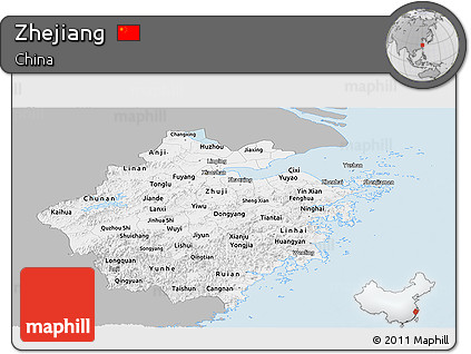 Gray Panoramic Map of Zhejiang, single color outside