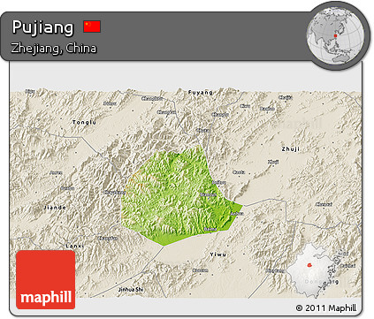 Physical 3D Map of Pujiang, shaded relief outside