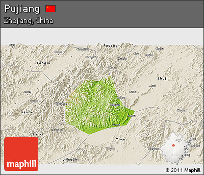 Physical 3D Map of Pujiang, shaded relief outside