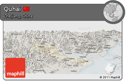Shaded Relief Panoramic Map of Quhai, semi-desaturated
