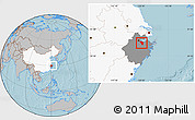 Gray Location Map of Shaoxing Shi, highlighted country, highlighted parent region, hill shading