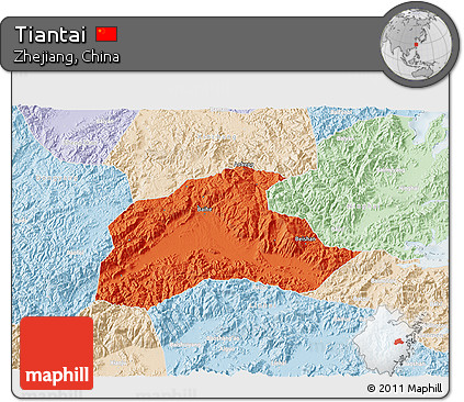 Political 3D Map of Tiantai, lighten