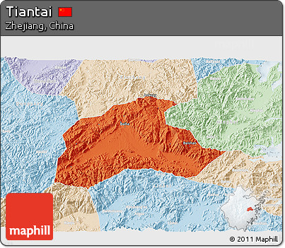 Political 3D Map of Tiantai, lighten