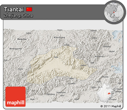 Shaded Relief 3D Map of Tiantai, semi-desaturated