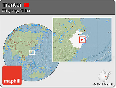 Savanna Style Location Map of Tiantai, highlighted parent region, hill shading