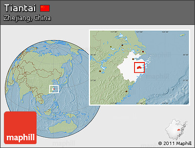 Savanna Style Location Map of Tiantai, highlighted parent region, hill shading