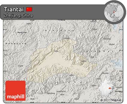 Shaded Relief Map of Tiantai, semi-desaturated