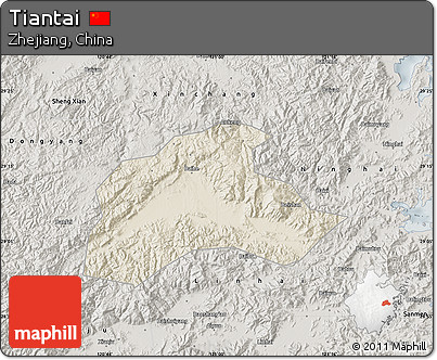 Shaded Relief Map of Tiantai, semi-desaturated