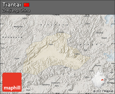 Shaded Relief Map of Tiantai, semi-desaturated