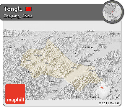 Shaded Relief 3D Map of Tonglu, desaturated