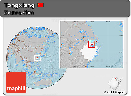 Gray Location Map of Tongxiang, highlighted parent region, hill shading