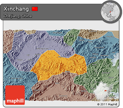 Political 3D Map of Xinchang, semi-desaturated
