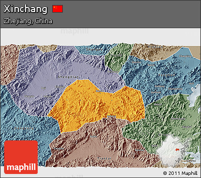 Political 3D Map of Xinchang, semi-desaturated