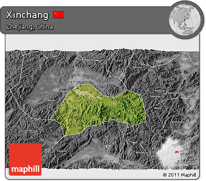 Satellite 3D Map of Xinchang, desaturated