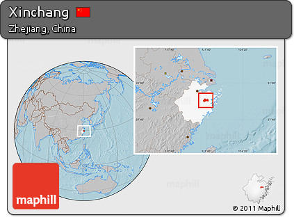 Gray Location Map of Xinchang, highlighted parent region, hill shading