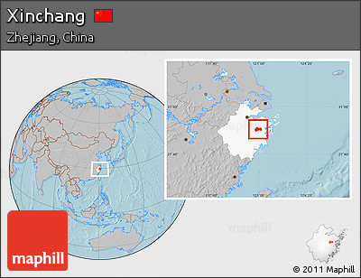 Gray Location Map of Xinchang, highlighted parent region, hill shading