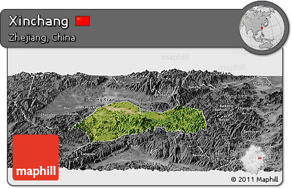 Satellite Panoramic Map of Xinchang, desaturated
