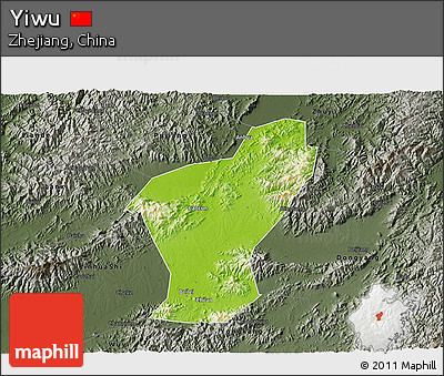 Physical 3D Map of Yiwu, darken, semi-desaturated