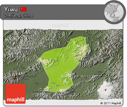 Physical 3D Map of Yiwu, darken, semi-desaturated