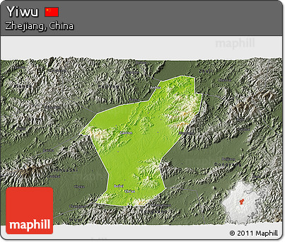 Physical 3D Map of Yiwu, darken, semi-desaturated