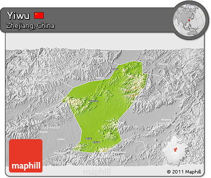 Physical 3D Map of Yiwu, lighten, desaturated