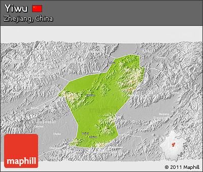 Physical 3D Map of Yiwu, lighten, desaturated
