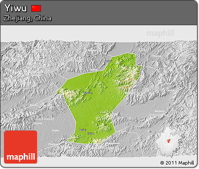 Physical 3D Map of Yiwu, lighten, desaturated