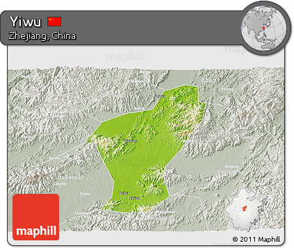 Physical 3D Map of Yiwu, lighten, semi-desaturated