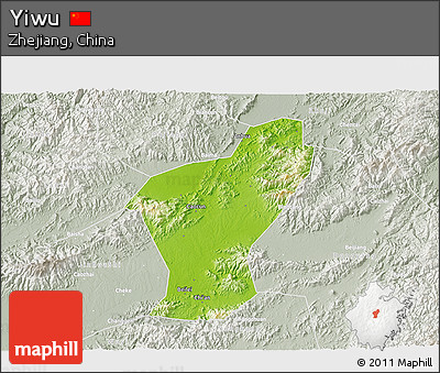 Physical 3D Map of Yiwu, lighten, semi-desaturated