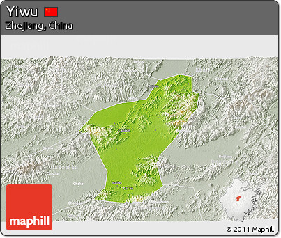 Physical 3D Map of Yiwu, lighten, semi-desaturated
