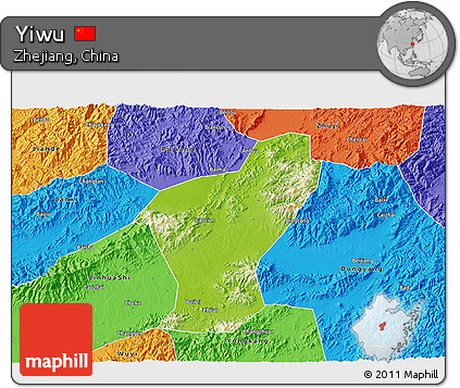 Physical 3D Map of Yiwu, political outside