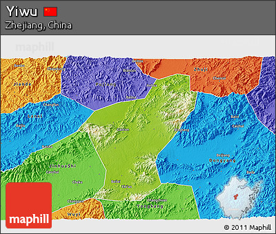 Physical 3D Map of Yiwu, political outside