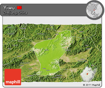 Physical 3D Map of Yiwu, satellite outside