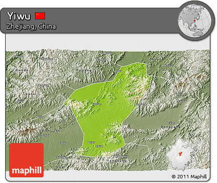 Physical 3D Map of Yiwu, semi-desaturated