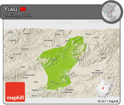 Physical 3D Map of Yiwu, shaded relief outside