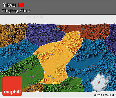 Political 3D Map of Yiwu, darken