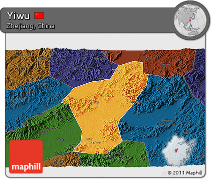 Political 3D Map of Yiwu, darken