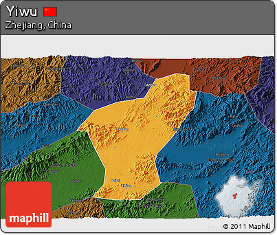 Political 3D Map of Yiwu, darken