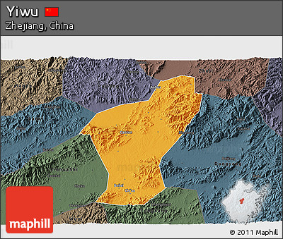 Political 3D Map of Yiwu, darken, semi-desaturated