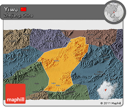 Political 3D Map of Yiwu, darken, semi-desaturated