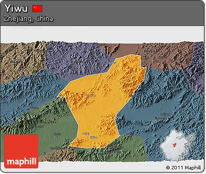 Political 3D Map of Yiwu, darken, semi-desaturated