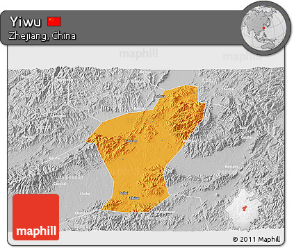 Political 3D Map of Yiwu, lighten, desaturated