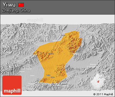 Political 3D Map of Yiwu, lighten, desaturated