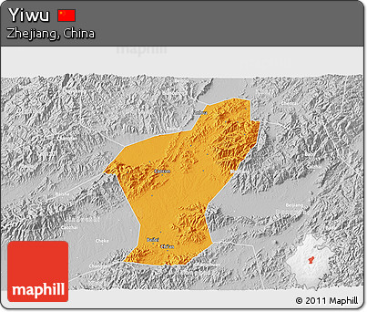 Political 3D Map of Yiwu, lighten, desaturated
