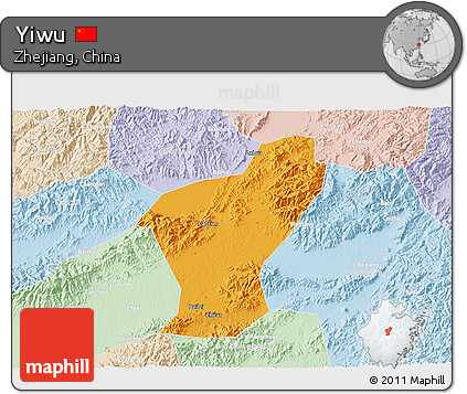 Political 3D Map of Yiwu, lighten