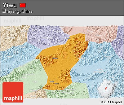 Political 3D Map of Yiwu, lighten