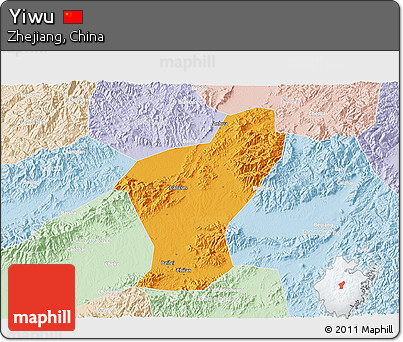 Political 3D Map of Yiwu, lighten