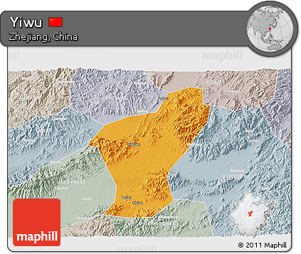 Political 3D Map of Yiwu, lighten, semi-desaturated