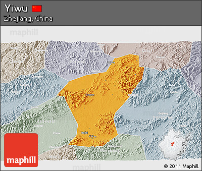 Political 3D Map of Yiwu, lighten, semi-desaturated